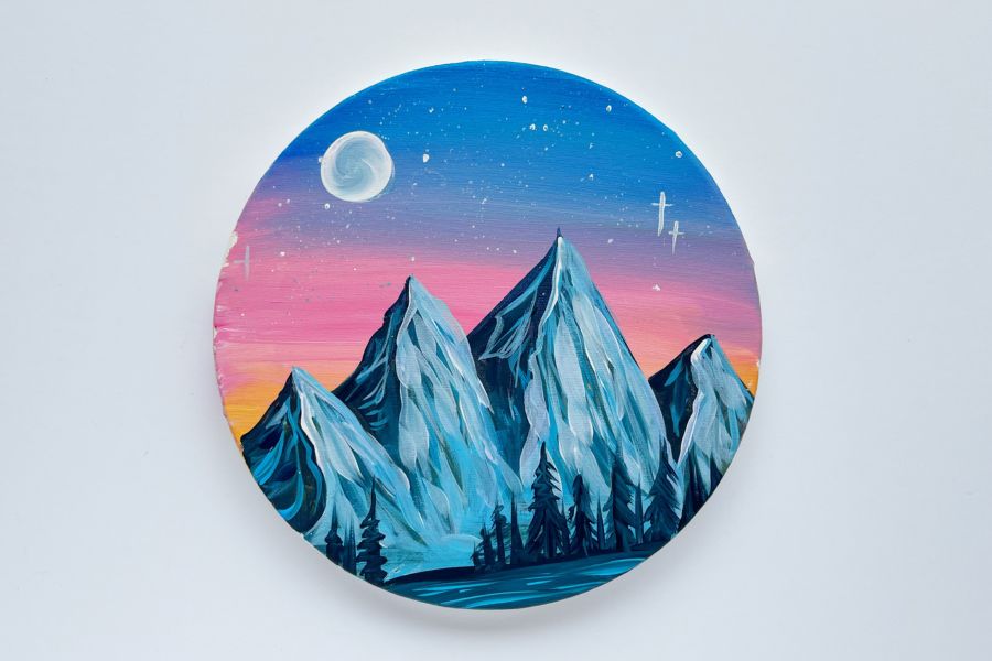 In-Studio Paint Night – Pink Sunset Mountains on Round Canvas Acrylic Painting